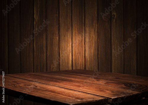 Wooden empty table, with background for mounting your product