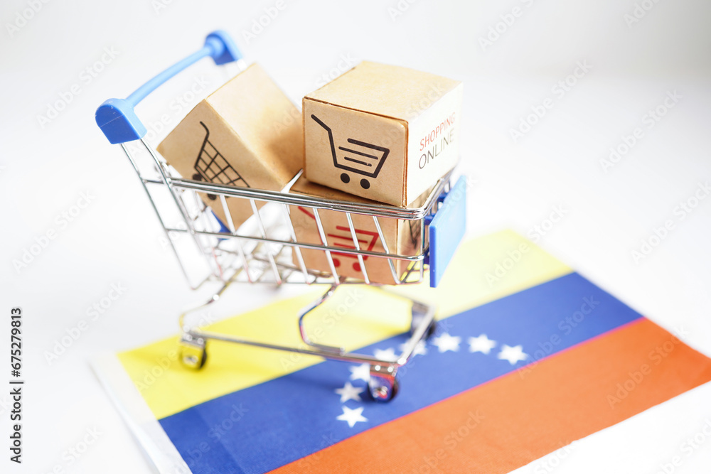 Online shopping, Shopping cart box on Venezuela flag, import export, finance commerce.