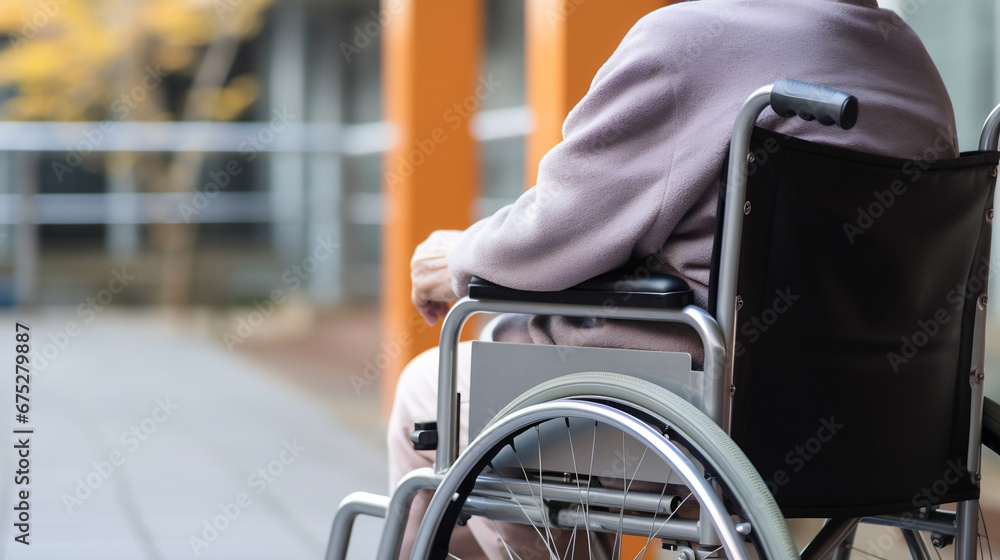 Obraz premium Close up of older woman sitting in wheelchair taken care of in hospital, older people disability rehab healthcare concept, elderly healthcare concept