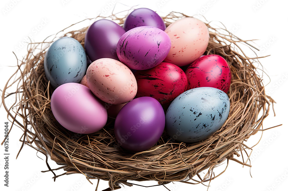 Colorful easter eggs in basket on wooden table. Top view with copy space isolated on a Transparent background. Generative AI Colorful easter eggs in basket on wooden table. Top view with copy space isolated on a Transparent background. Generative AI