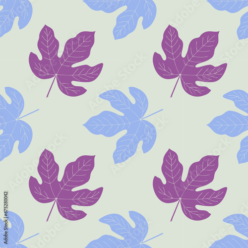 Figs seamless pattern with hand drawn leaves  blue and purple colors. 