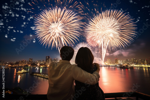 Back view of happy young couple sitting on rock watch fireworks celebration at night