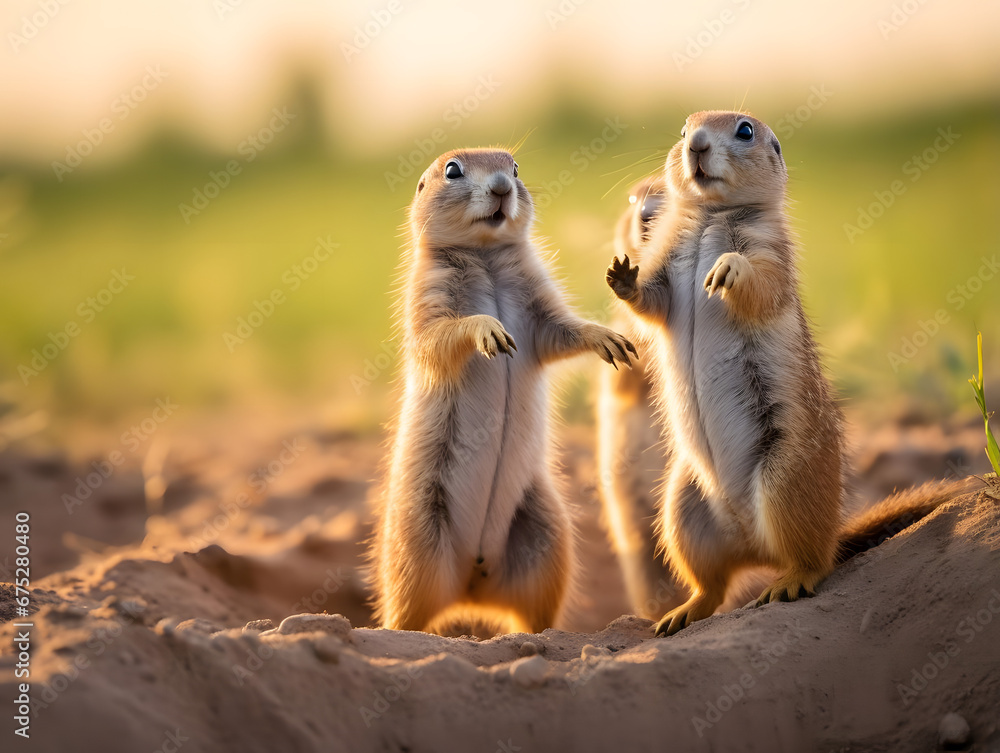 Fototapeta premium Playful Prairie Dogs in Grassland, wildlife, Generative AI