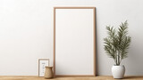 Vertical white frame mock-up. Wooden frame poster.