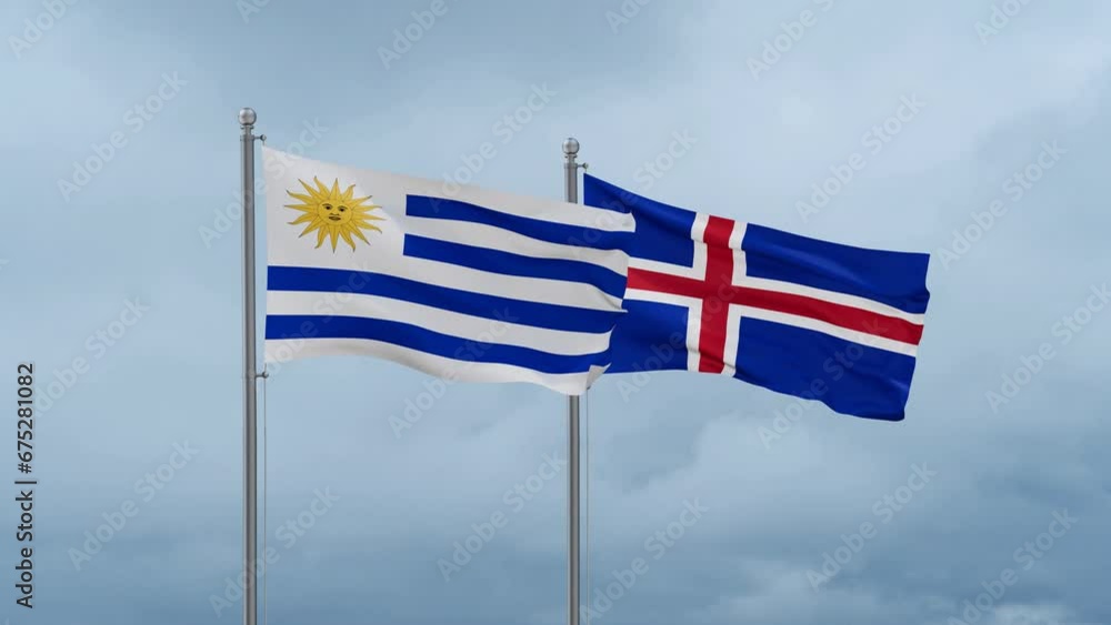 Iceland and Uruguay flag waving together on cloudy sky, endless seamless loop, two country cooperation concept Iceland and Uruguay flag waving together on cloudy sky, endless seamless loop, two country cooperation concept