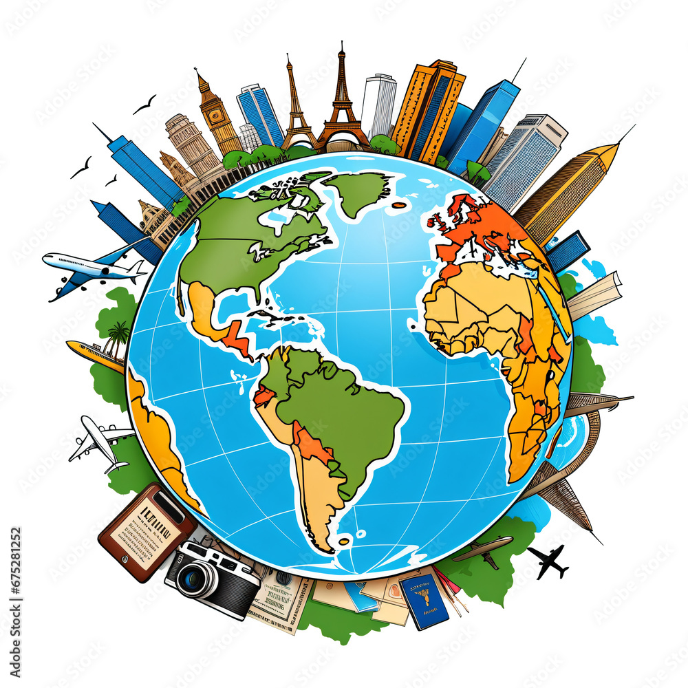 Naklejka premium Artistic Voyage: A World Travel Concept Illustration on transparent background,png