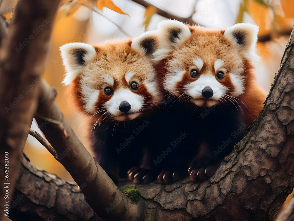 Obraz premium Adorable Red Panda Cubs in Tree, wildlife, Generative AI