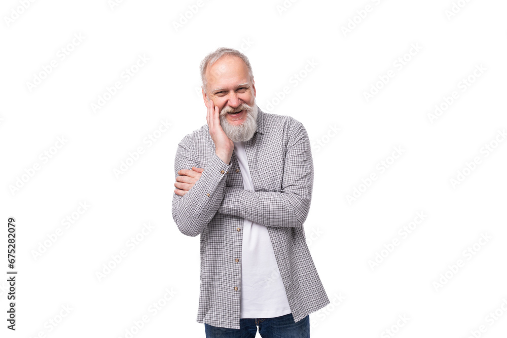 nice kind pensioner man with a beard and a big gray mustache feels good and rejoices nice kind pensioner man with a beard and a big gray mustache feels good and rejoices