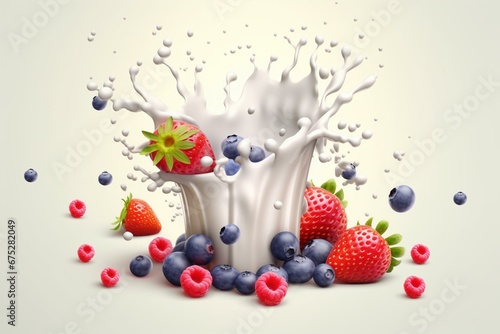3D milk splash with ripe berries for healthy breakfast ad. Dairy label design with forest berries. Generative AI