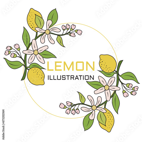 Fresh lemons from the citrus family with buds and flowers on a branch. The plant beautifully wraps around a round frame. Isolated vector image on white background.