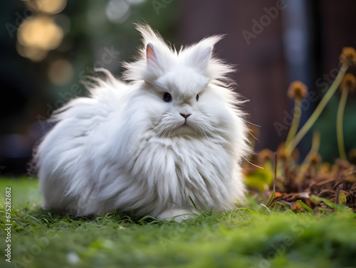Fluffy English Angora Rabbit in a Garden, wildlife, Generative AI