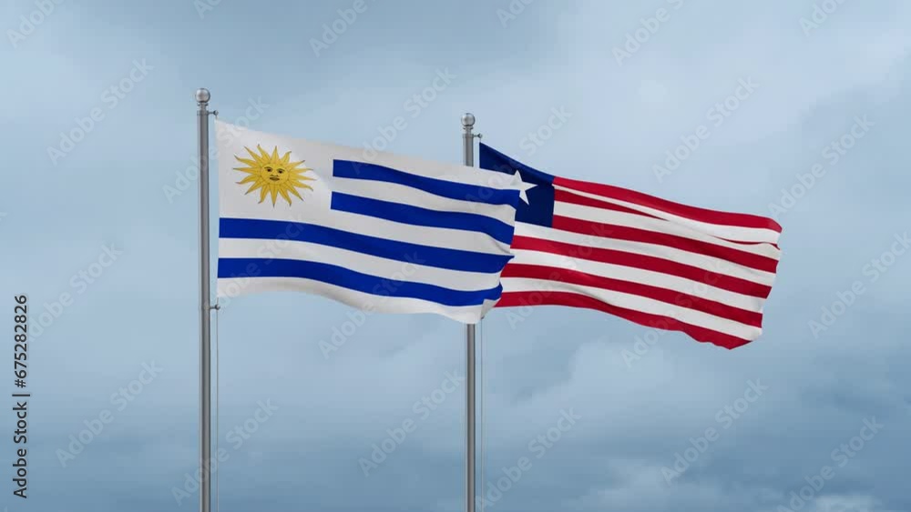 Liberia and Uruguay flag waving together on cloudy sky, endless seamless loop, two country cooperation concept Liberia and Uruguay flag waving together on cloudy sky, endless seamless loop, two country cooperation concept