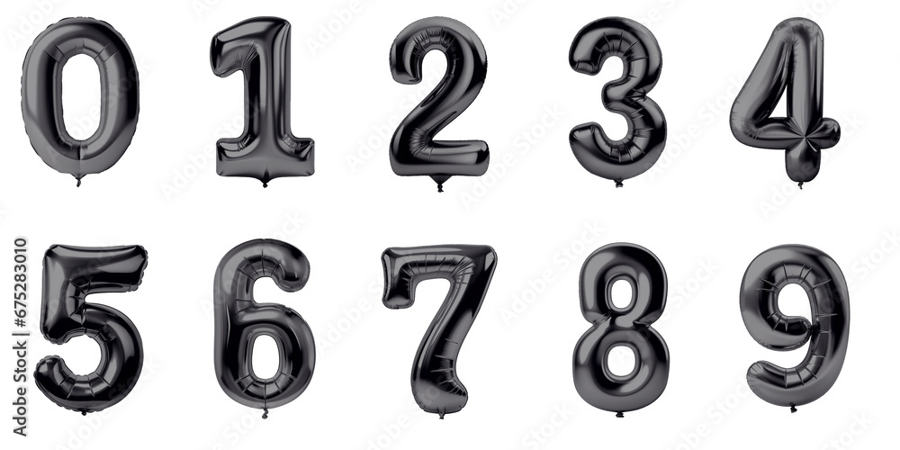 Numbers from 0 to 9 made with foil black metalic birthday balloons Numbers from 0 to 9 made with foil black metalic birthday balloons