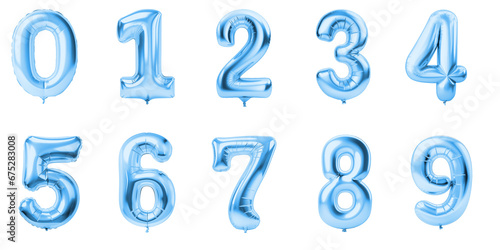 Numbers from 0 to 9 made with foil blue metalic birthday balloons photo