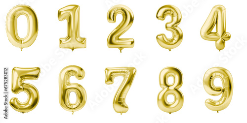 Numbers from 0 to 9 made with foil gold birthday balloons photo
