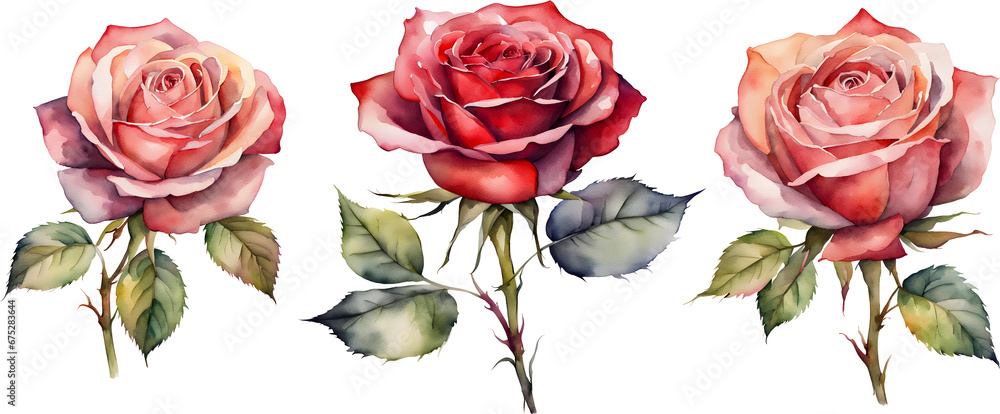 Red and pink water color roses on transparent background Red and pink water color roses on transparent background