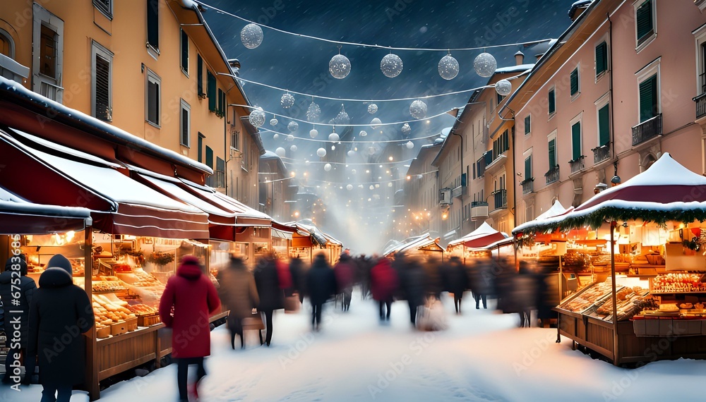 Obraz premium Shopping, winter holidays and people. Christmas market souvenir shop. Xmas street market.