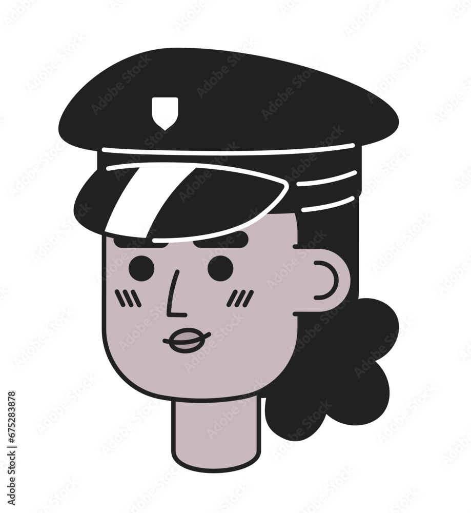 African american police officer woman black and white 2D vector avatar illustration. Smiling black policewoman outline cartoon character face isolated. Cop female flat user profile image, portrait African american police officer woman black and white 2D vector avatar illustration. Smiling black policewoman outline cartoon character face isolated. Cop female flat user profile image, portrait