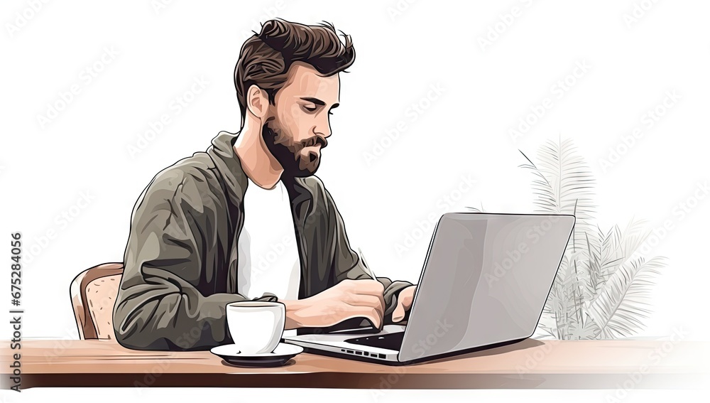 Businessman working on laptop in office background. Businessman working on laptop in office background.