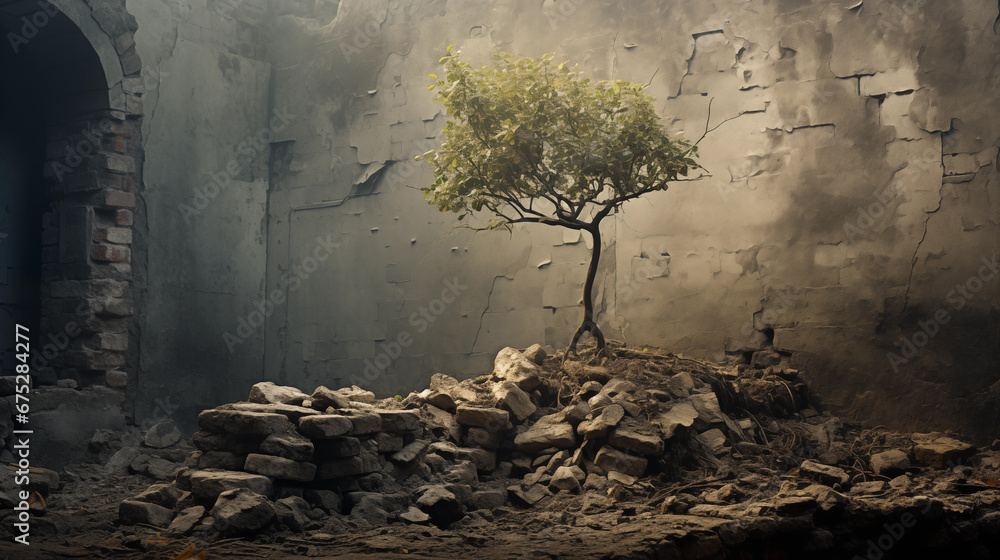 Tree of life growing in a war-torn village