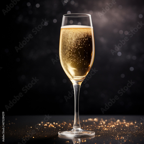 glass of champagne on a dark background, glitter, bokeh