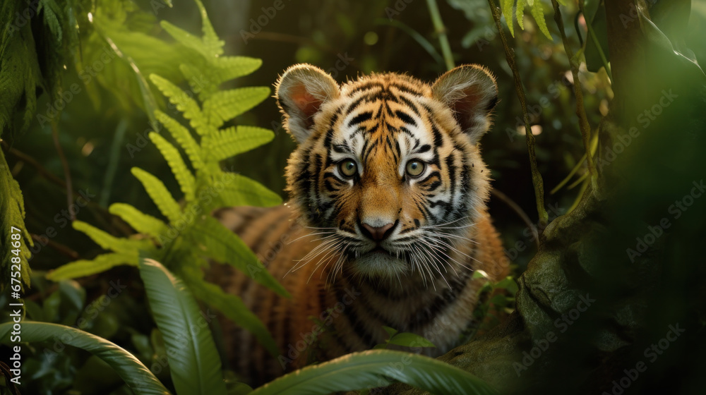 Siberian tiger cub in deep forest Siberian tiger cub in deep forest