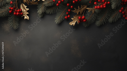 Christmas dark background with mistletoe and Christmas tree branches © kazakova0684