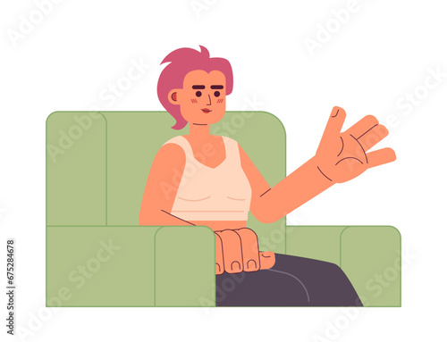 Armchair woman asian young adult 2D cartoon character. Korean female communicating isolated vector person white background. Discussing, explaining woman interviewer color flat spot illustration