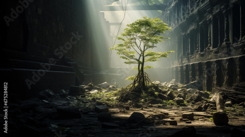 Tree of life growing in a war-torn village