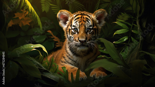 Siberian tiger cub in deep forest © PaulShlykov