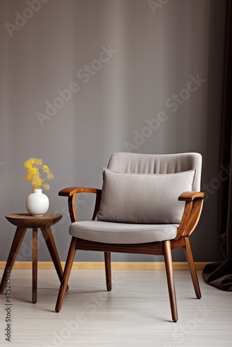 trendy wooden coffee table and stylish grey wooden chair in an empty living room