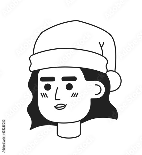 Christmas santa hat latina woman black and white black and white 2D vector avatar illustration. Xmas girl outline cartoon character face isolated. Hispanic smiling flat user profile image, portrait