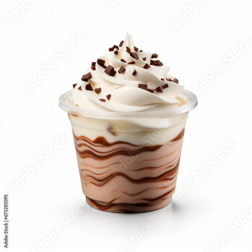 Whipped cream dessert with chocolate in a plastic cup