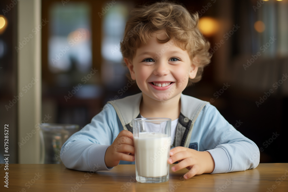 A handsome 4 year old smiling boy is sitting at the table with a glass of milk A handsome 4 year old smiling boy is sitting at the table with a glass of milk
