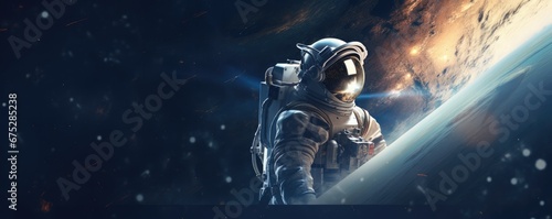 Young astronaut in space. Banner with empty copy space.