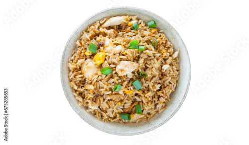 Fried rice with chicken served in a plate on a transparent background