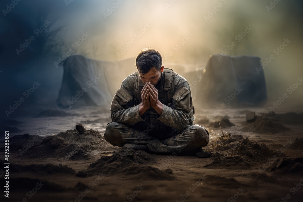 Christian soldier praying on a battlefield