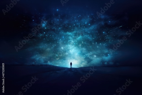 Silhouette standing at night with starry sky and Milky Way photo