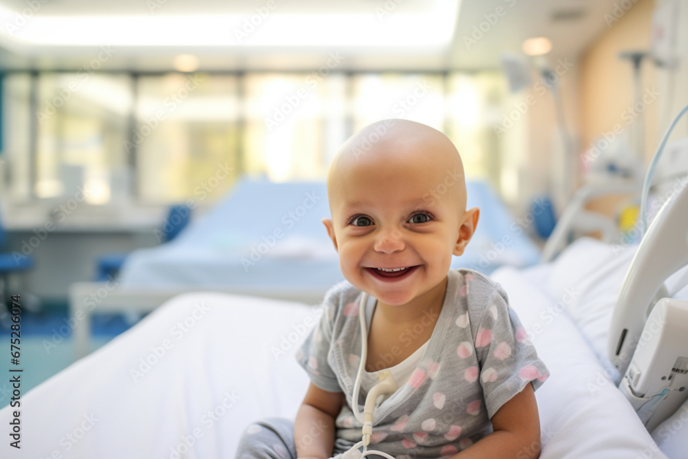 Portrait of a 3 year old boy, sitting in a hospital bed suffering from cancer fighting with a smile. Generative AI Portrait of a 3 year old boy, sitting in a hospital bed suffering from cancer fighting with a smile. Generative AI