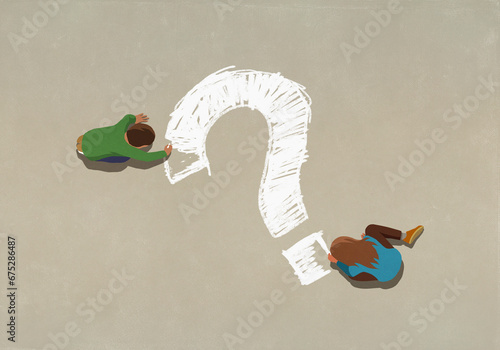 View from above boy and girl coloring question mark with chalk
