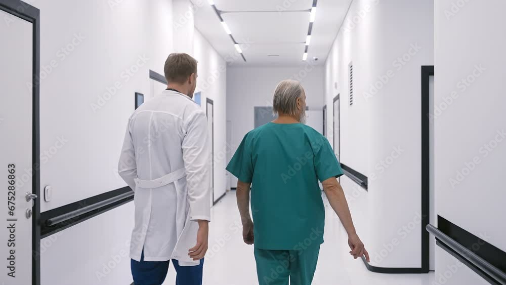 The chief physician, a surgeon in surgical attire, with a young doctor in a white coat, walks along the corridor of a modern clinic and discusses, gesticulating with his hands. The chief physician, a surgeon in surgical attire, with a young doctor in a white coat, walks along the corridor of a modern clinic and discusses, gesticulating with his hands.