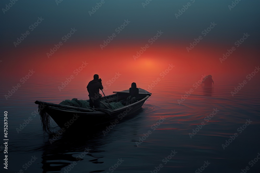 Boat ferrying refugees to sea at dawn. Generative AI