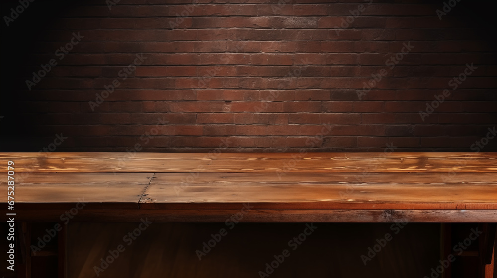 An empty wooden counter table for product display in a pub An empty wooden counter table for product display in a pub