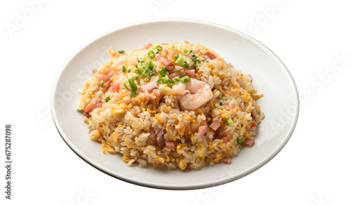 Fried rice with shrimp and carrots served in a plate on a transparent background