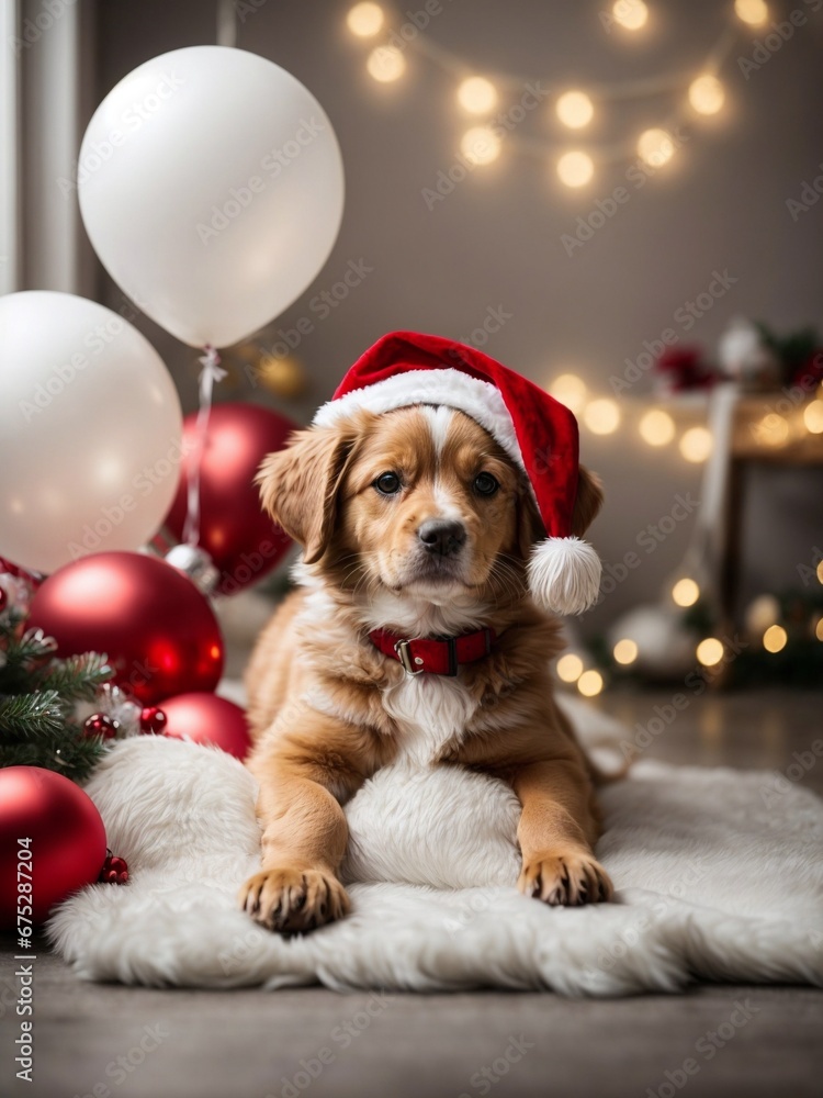 Cute puppy wearing Santa Claus red hat near the Christmas tree. Merry Christmas and Happy New Year decoration around (balls, toys and gifts). New Year postcard