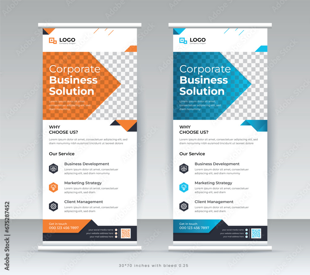 Vertical roll up banner, x stand business marketing template design.