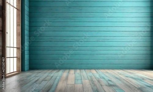 A Blue Turquoise Empty Wall and Wooden Floor Bathed in Sunlight, Creating an Intriguing Background for Your Presentation
