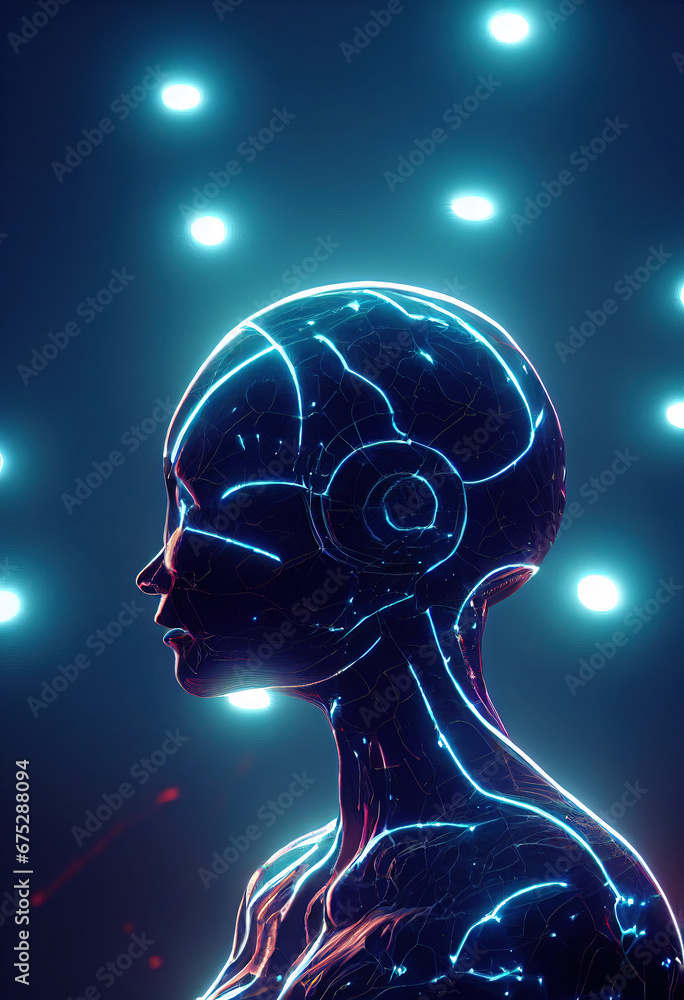 Human face in a luminous grid. Neural robot. Portrait of a glowing cyborg Human face in a luminous grid. Neural robot. Portrait of a glowing cyborg