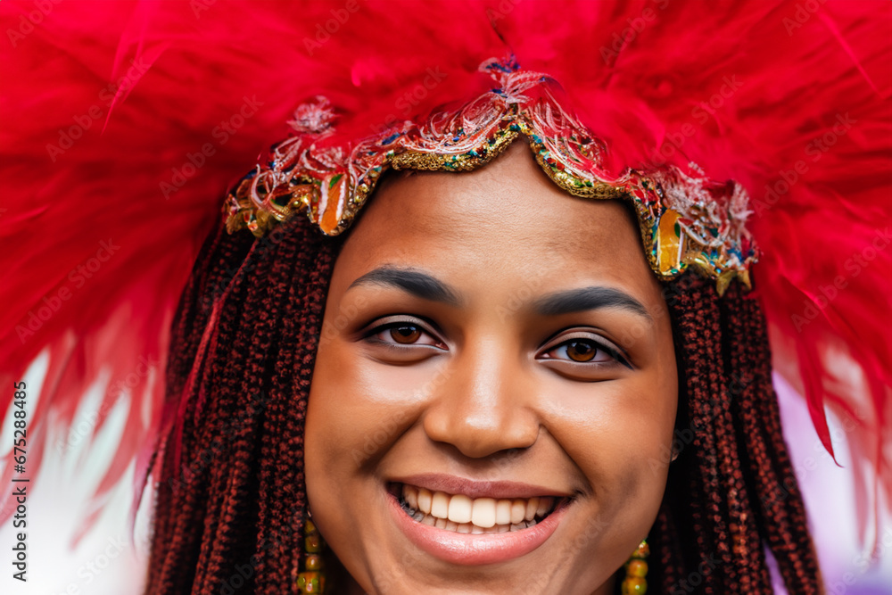 portrait of a woman in traditional festive attire. woman with a headdress with bright red feathers and jewelry. brazilian festival in rio concept