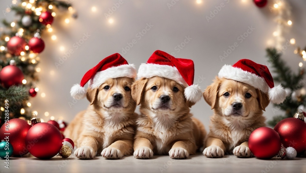 Cute puppies wearing Santa Claus red hat. Merry Christmas and Happy New Year decoration around (balls, toys and gifts). X-mas postcard Cute puppies wearing Santa Claus red hat. Merry Christmas and Happy New Year decoration around (balls, toys and gifts). X-mas postcard